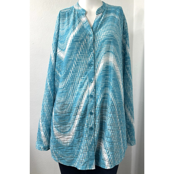 Erin London Aqua White Lightweight Burnout Button Down Top Boho Trippy Sz Large - Picture 1 of 9